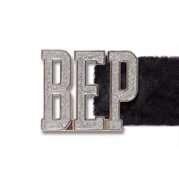 GLITTERED LETTERS FAUX FUR BELT BLACK