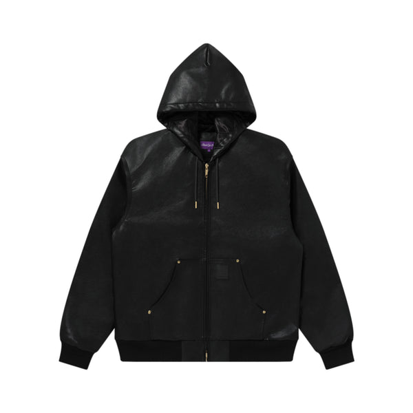 LEATHER PATCH PU HOODED JACKET BLACK