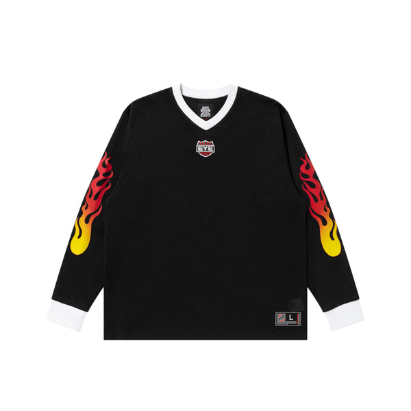 FLAME RIDER LOGO V-NECK LONG SLEEVE GAME SHIRT, BLACK