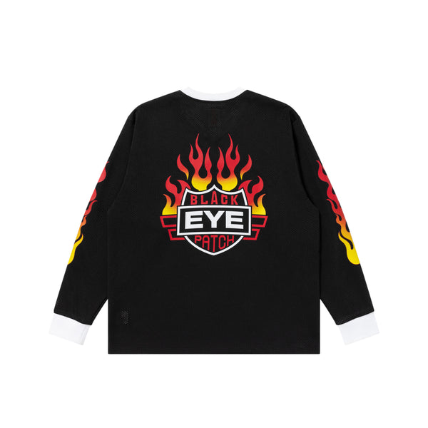 FLAME RIDER LOGO V-NECK LONG SLEEVE GAME SHIRT, BLACK