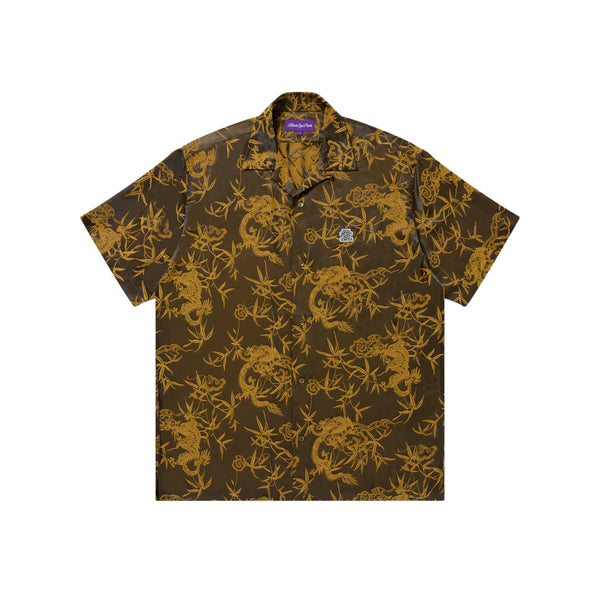 DRAGON TEXTILE Open Collared Satin Short Sleeve Shirt, Brown