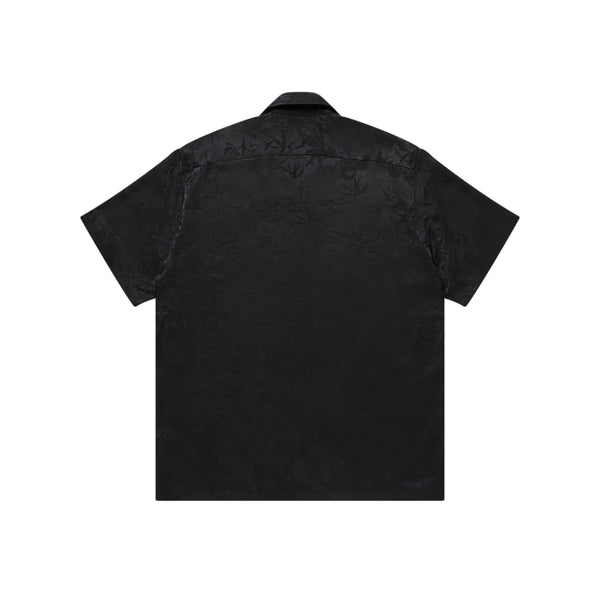 DRAGON TEXTILE OPEN COLLARED SATIN S/S SHIRT BLACK