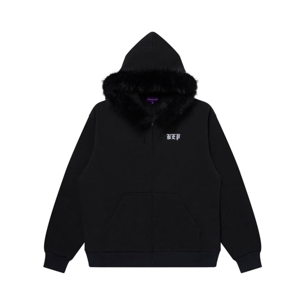 3 LETTER OE FUR HOODED ZIP HOODIE BLACK