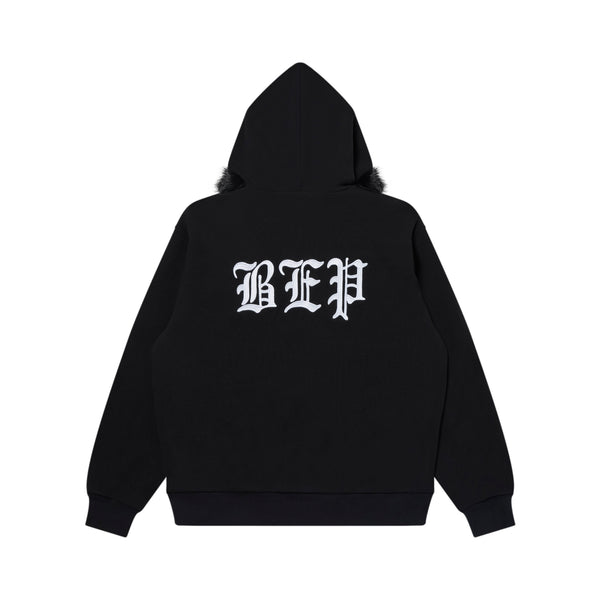 3 LETTER OE FUR HOODED ZIP HOODIE BLACK