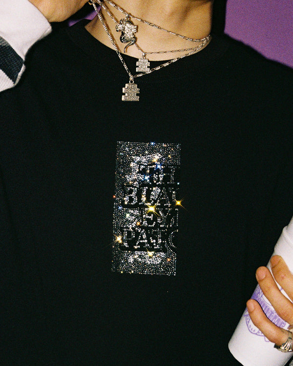 RHINESTONE GRAYSCALE HWC LABEL TEE BLACK