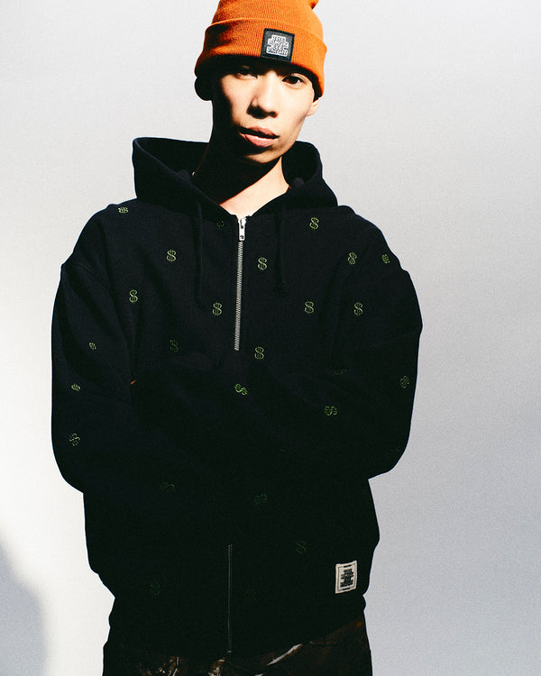 DOLLAR SIGN PATTERNED THERMAL ZIP HOODIE NAVY