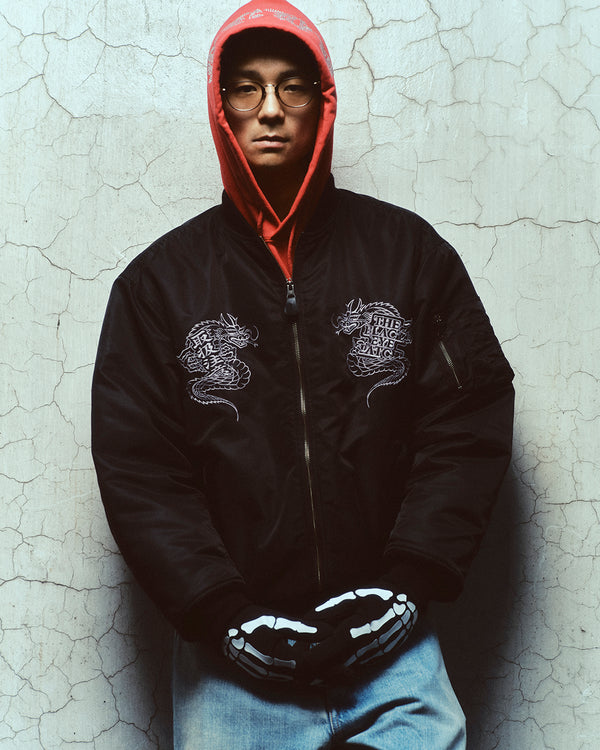 DRAGONS EMBROIDERED BOMBER JACKET BLACK