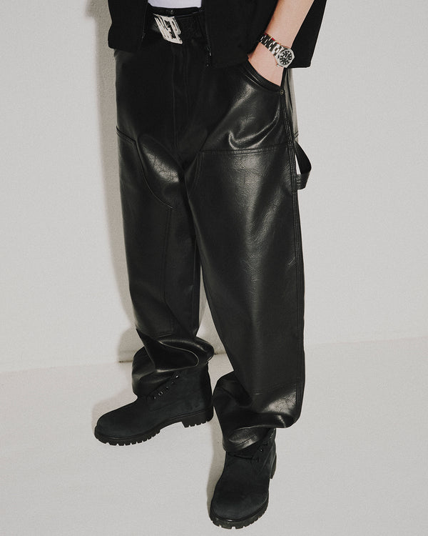 FAUX LEATHER EXTRA BAGGY DOUBLE KNEE PANTS BLACK