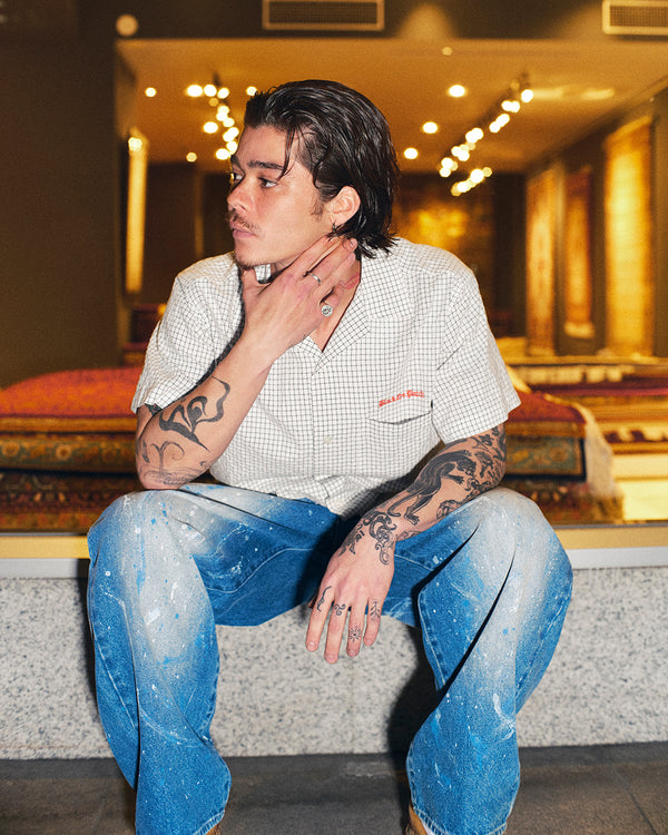 GRID CHECKED OPEN COLLARED S/S SHIRT WHITE