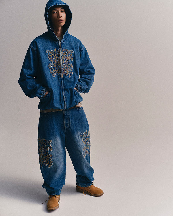 METAL LOGO HOODED DENIM JACKET INDIGO