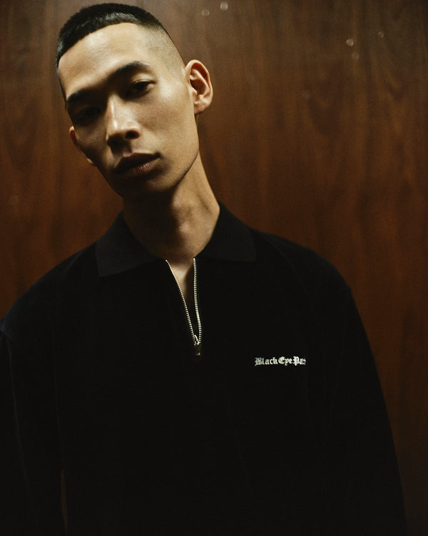 OE LOGO HALF ZIP VELOUR SHIRT BLACK