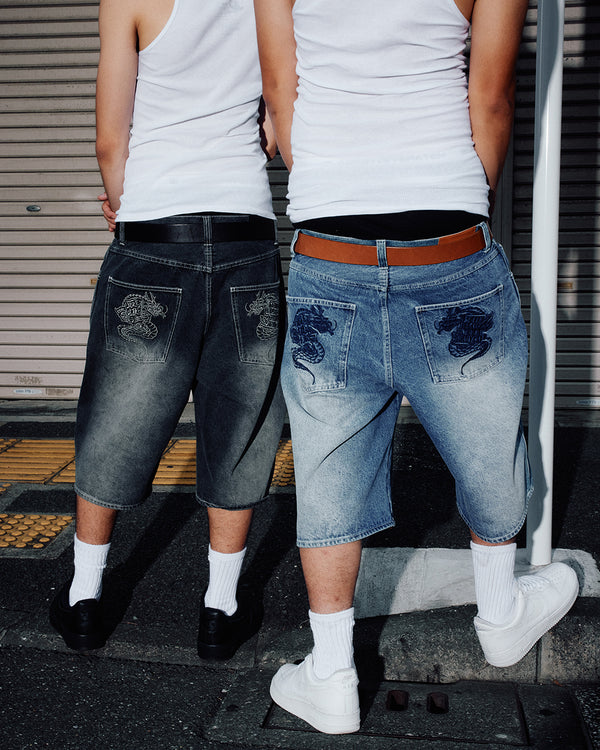 OG DRAGON BAGGY DENIM SHORTS BLACK