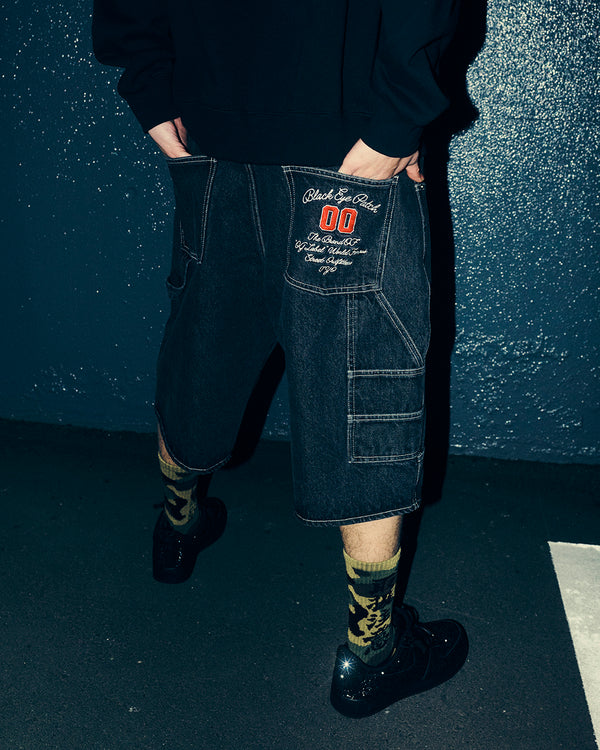 STATEMENT EMBROIDERED BAGGY DENIM SHORTS BLACK