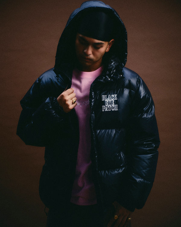 STENCIL LOGO HOODED DOWN JACKET BLACK